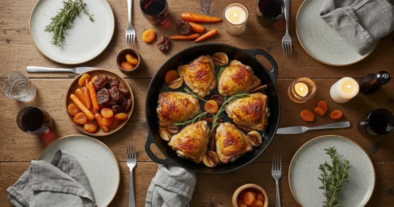 Fresh ingredients for Cinnamon Queen Chicken including chicken, spices, and dried fruits