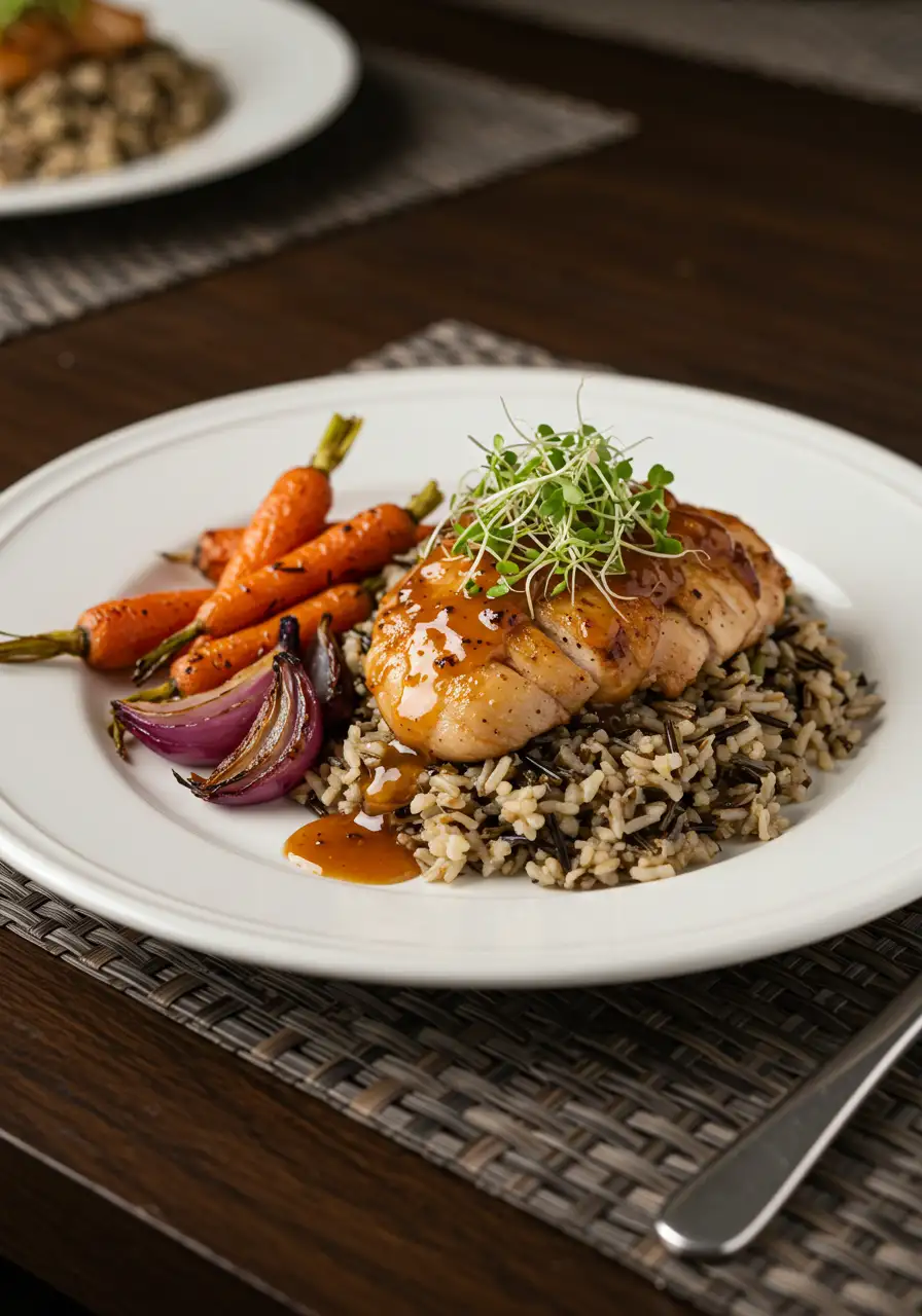 cinnamon-queen-chicken-wild-rice-serving.webp Cinnamon Queen Chicken served with wild rice pilaf and roasted vegetables on a farmhouse dinner plate