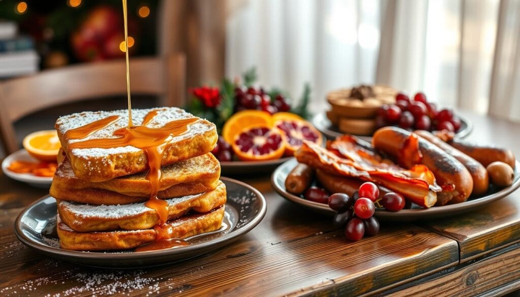 A Christmas morning breakfast platter, meticulously arranged on a rustic wooden table. In the foreground, a stack of fluffy, golden-brown holiday eggnog French toast, drizzled with maple syrup and dusted with powdered sugar. Alongside, a plate of crisp, sizzling bacon and juicy, roasted sausages. In the middle, a selection of fresh fruit - sliced oranges, ruby-red pomegranate seeds, and clusters of plump, jewel-toned grapes. In the background, a cozy, warm-toned setting, with soft, diffused lighting filtering through sheer curtains, creating a festive, inviting atmosphere. A Christmas morning breakfast platter, meticulously arranged on a rustic wooden table. In the foreground, a stack of fluffy, golden-brown holiday eggnog French toast, drizzled with maple syrup and dusted with powdered sugar. Alongside, a plate of crisp, sizzling bacon and juicy, roasted sausages. In the middle, a selection of fresh fruit - sliced oranges, ruby-red pomegranate seeds, and clusters of plump, jewel-toned grapes. In the background, a cozy, warm-toned setting, with soft, diffused lighting filtering through sheer curtains, creating a festive, inviting atmosphere.
