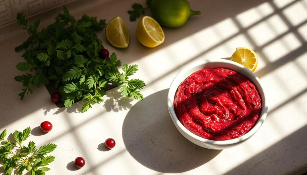 A beautifully lit kitchen counter, the centerpiece a white ceramic bowl brimming with a vibrant crimson cranberry jalapeño dip. Fresh herbs and lime wedges artfully scattered around, their verdant hues and citrus scent complementing the spicy-sweet aroma. Intricate patterns of light and shadow play across the smooth bowl surface, creating a sense of depth and texture. A high-angle shot captures the dish in all its appetizing glory, inviting the viewer to imagine the tantalizing flavors and the perfect pairing with a holiday prime rib roast.