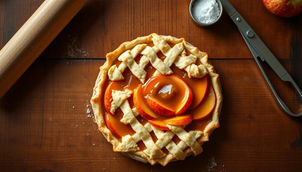 A beautifully lit overhead view of a rustic wooden countertop showcasing the baking process of a caramel apple tart. In the foreground, a flaky, golden-brown pastry shell sits filled with glistening slices of juicy red apples and a rich, amber caramel sauce. Delicate latticed pastry accents the top, casting intricate shadows. Warm, soft lighting illuminates the scene, highlighting the enticing textures and aromas of the freshly baked dessert. In the background, a few essential baking tools - a rolling pin, a small bowl of sugar, and a pair of tongs - create a sense of culinary expertise. The overall atmosphere evokes the cozy, autumnal appeal of this quintessential fall treat. A beautifully lit overhead view of a rustic wooden countertop showcasing the baking process of a caramel apple tart. In the foreground, a flaky, golden-brown pastry shell sits filled with glistening slices of juicy red apples and a rich, amber caramel sauce. Delicate latticed pastry accents the top, casting intricate shadows. Warm, soft lighting illuminates the scene, highlighting the enticing textures and aromas of the freshly baked dessert. In the background, a few essential baking tools - a rolling pin, a small bowl of sugar, and a pair of tongs - create a sense of culinary expertise. The overall atmosphere evokes the cozy, autumnal appeal of this quintessential fall treat.