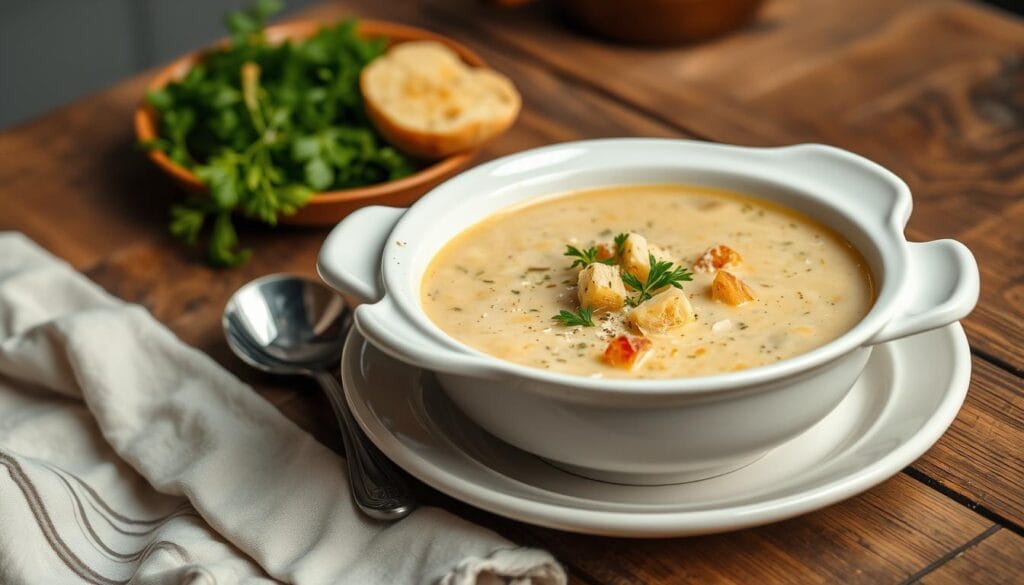 A beautifully plated bowl of creamy, aromatic chicken soup takes center stage on a rustic wooden table. Garnished with fresh herbs, crisp croutons, and a sprinkle of parmesan, the soup is presented in an elegant white serving bowl, accompanied by a matching ladle. Soft, diffused lighting casts a warm, inviting glow over the scene, highlighting the soup's inviting texture and color. The background is blurred, allowing the focal point to be the delectable soup, ready to be savored. The overall mood is one of comfort, indulgence, and culinary delight. A beautifully plated bowl of creamy, aromatic chicken soup takes center stage on a rustic wooden table. Garnished with fresh herbs, crisp croutons, and a sprinkle of parmesan, the soup is presented in an elegant white serving bowl, accompanied by a matching ladle. Soft, diffused lighting casts a warm, inviting glow over the scene, highlighting the soup's inviting texture and color. The background is blurred, allowing the focal point to be the delectable soup, ready to be savored. The overall mood is one of comfort, indulgence, and culinary delight.