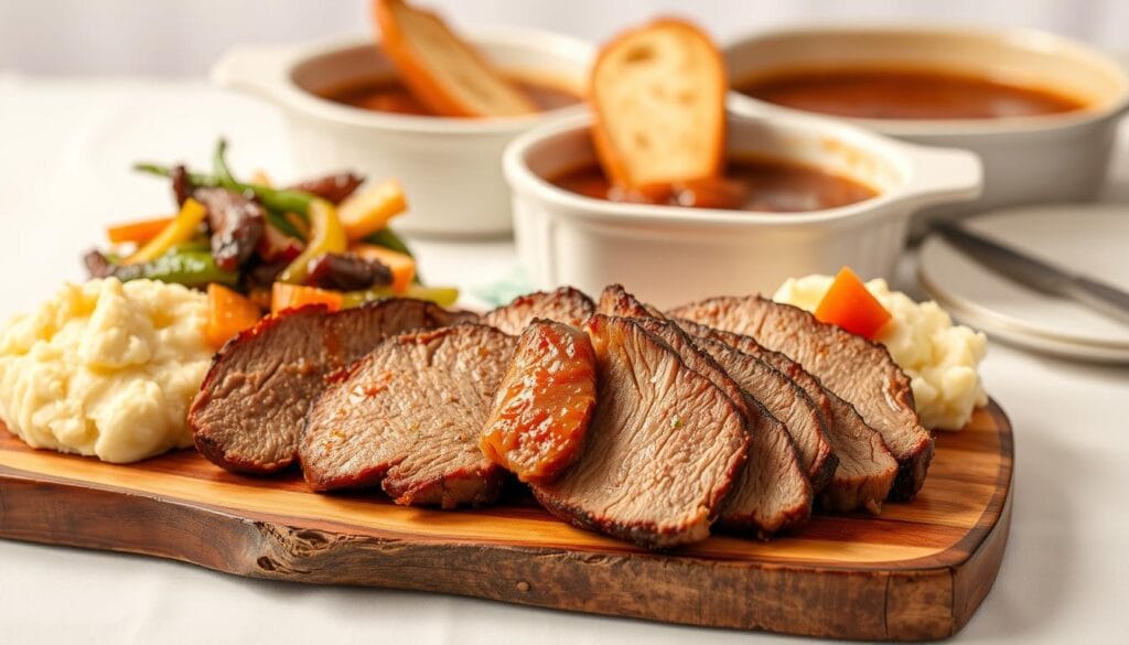 A beautifully plated brisket dinner, the tender braised meat glistening under warm studio lighting. In the foreground, thick slices of juicy brisket are arranged artfully on a rustic wooden board, accompanied by a side of creamy mashed potatoes and a vibrant vegetable medley. The middle ground features a casserole dish filled with the rich, flavorful braising liquid, inviting the viewer to imagine sopping it up with a crusty slice of bread. In the background, a simple white tablecloth provides a clean, minimalist backdrop, allowing the star of the show - the perfectly cooked brisket - to shine. The overall scene conveys a sense of elegant simplicity, showcasing the mouthwatering results of the "3-Hour Magic" braising technique. A beautifully plated brisket dinner, the tender braised meat glistening under warm studio lighting. In the foreground, thick slices of juicy brisket are arranged artfully on a rustic wooden board, accompanied by a side of creamy mashed potatoes and a vibrant vegetable medley. The middle ground features a casserole dish filled with the rich, flavorful braising liquid, inviting the viewer to imagine sopping it up with a crusty slice of bread. In the background, a simple white tablecloth provides a clean, minimalist backdrop, allowing the star of the show - the perfectly cooked brisket - to shine. The overall scene conveys a sense of elegant simplicity, showcasing the mouthwatering results of the "3-Hour Magic" braising technique.