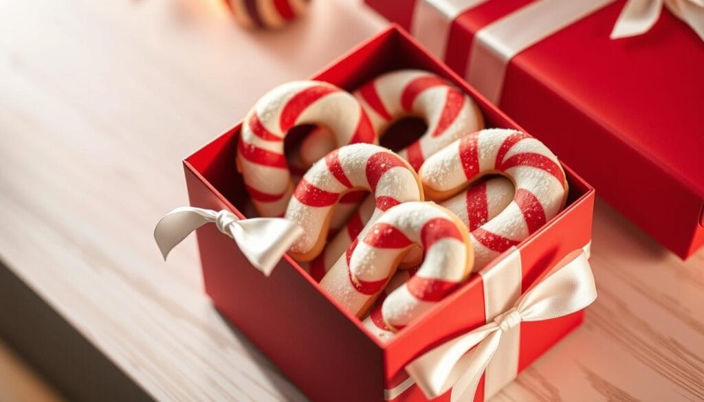A beautifully presented gift box filled with festive candy cane-shaped sugar cookies. The box has a clean, minimalist design with a matte red exterior and crisp white ribbons tied in a perfect bow. The cookies, dusted with a light coating of powdered sugar, are arranged neatly inside, their distinctive red and white swirls creating a visually striking contrast. The lighting is soft and warm, casting a gentle glow over the scene, heightening the holiday cheer. The camera angle is slightly angled, giving the viewer a tantalizing peek at the delectable treats within. An inviting and appetizing scene that captures the essence of the holiday season. A beautifully presented gift box filled with festive candy cane-shaped sugar cookies. The box has a clean, minimalist design with a matte red exterior and crisp white ribbons tied in a perfect bow. The cookies, dusted with a light coating of powdered sugar, are arranged neatly inside, their distinctive red and white swirls creating a visually striking contrast. The lighting is soft and warm, casting a gentle glow over the scene, heightening the holiday cheer. The camera angle is slightly angled, giving the viewer a tantalizing peek at the delectable treats within. An inviting and appetizing scene that captures the essence of the holiday season.