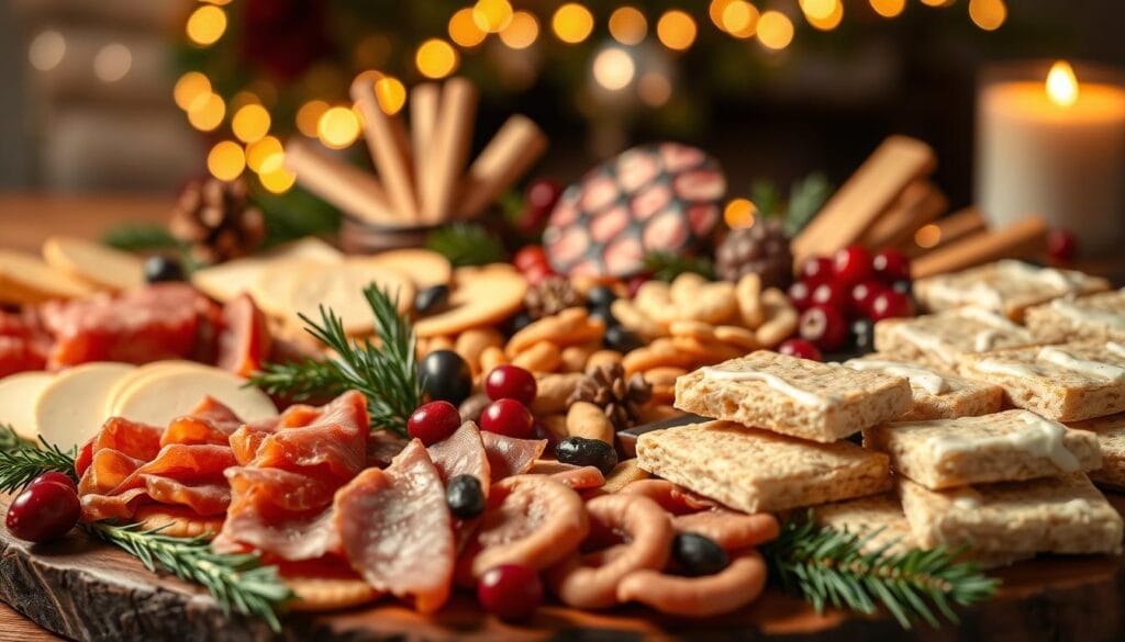 A beautifully styled Christmas charcuterie board, capturing the festive spirit of the holiday season. In the foreground, an assortment of savory cured meats, artisanal cheeses, and festive garnishes, such as rosemary sprigs and cranberries, arranged in a visually appealing manner. The middle ground features a variety of crackers, breadsticks, and dried fruit, complementing the flavors of the charcuterie. In the background, a soft, creamy frosting coats a platter of freshly baked sugar cookie bars, adding a sweet and indulgent touch to the scene. Warm, ambient lighting casts a cozy glow, creating a welcoming and inviting atmosphere. The overall composition exudes a sense of holiday cheer and the delightful combination of savory and sweet flavors. A beautifully styled Christmas charcuterie board, capturing the festive spirit of the holiday season. In the foreground, an assortment of savory cured meats, artisanal cheeses, and festive garnishes, such as rosemary sprigs and cranberries, arranged in a visually appealing manner. The middle ground features a variety of crackers, breadsticks, and dried fruit, complementing the flavors of the charcuterie. In the background, a soft, creamy frosting coats a platter of freshly baked sugar cookie bars, adding a sweet and indulgent touch to the scene. Warm, ambient lighting casts a cozy glow, creating a welcoming and inviting atmosphere. The overall composition exudes a sense of holiday cheer and the delightful combination of savory and sweet flavors.