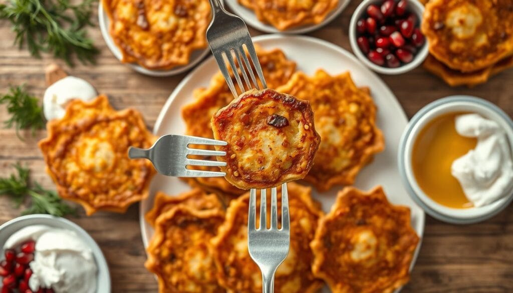 A beautifully styled overhead shot of a wooden table laden with an assortment of traditional Hanukkah latkes, served with an array of classic accompaniments. In the foreground, golden-brown latkes are arranged in an elegant, artful display, their crisp edges glistening under soft, natural lighting. Around them, an assortment of garnishes and condiments: fragrant, fresh-chopped dill, tangy sour cream, rich applesauce, and vibrant, jewel-toned pomegranate seeds. The middle ground features a few latkes lifted on forks, showcasing their delicate, lacy texture. The background is softly blurred, placing the focus solely on the latkes and their mouthwatering accompaniments. The overall scene evokes the comforting, celebratory atmosphere of a traditional Hanukkah gathering. A beautifully styled overhead shot of a wooden table laden with an assortment of traditional Hanukkah latkes, served with an array of classic accompaniments. In the foreground, golden-brown latkes are arranged in an elegant, artful display, their crisp edges glistening under soft, natural lighting. Around them, an assortment of garnishes and condiments: fragrant, fresh-chopped dill, tangy sour cream, rich applesauce, and vibrant, jewel-toned pomegranate seeds. The middle ground features a few latkes lifted on forks, showcasing their delicate, lacy texture. The background is softly blurred, placing the focus solely on the latkes and their mouthwatering accompaniments. The overall scene evokes the comforting, celebratory atmosphere of a traditional Hanukkah gathering.