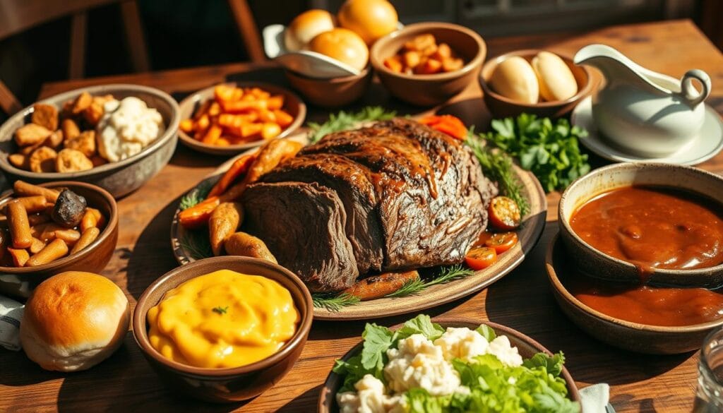 A beautifully styled wooden table set with a platter of tender, golden-brown pot roast, surrounded by rustic serving dishes filled with roasted vegetables, creamy mashed potatoes, and a rich, glossy gravy. Warm, soft dinner rolls and a crisp, green salad complete the comforting scene, bathed in warm, natural lighting that casts gentle shadows and highlights the textures. The overall atmosphere is one of homey, hearty elegance - an inviting spread fit for a family gathering or special occasion. A beautifully styled wooden table set with a platter of tender, golden-brown pot roast, surrounded by rustic serving dishes filled with roasted vegetables, creamy mashed potatoes, and a rich, glossy gravy. Warm, soft dinner rolls and a crisp, green salad complete the comforting scene, bathed in warm, natural lighting that casts gentle shadows and highlights the textures. The overall atmosphere is one of homey, hearty elegance - an inviting spread fit for a family gathering or special occasion.