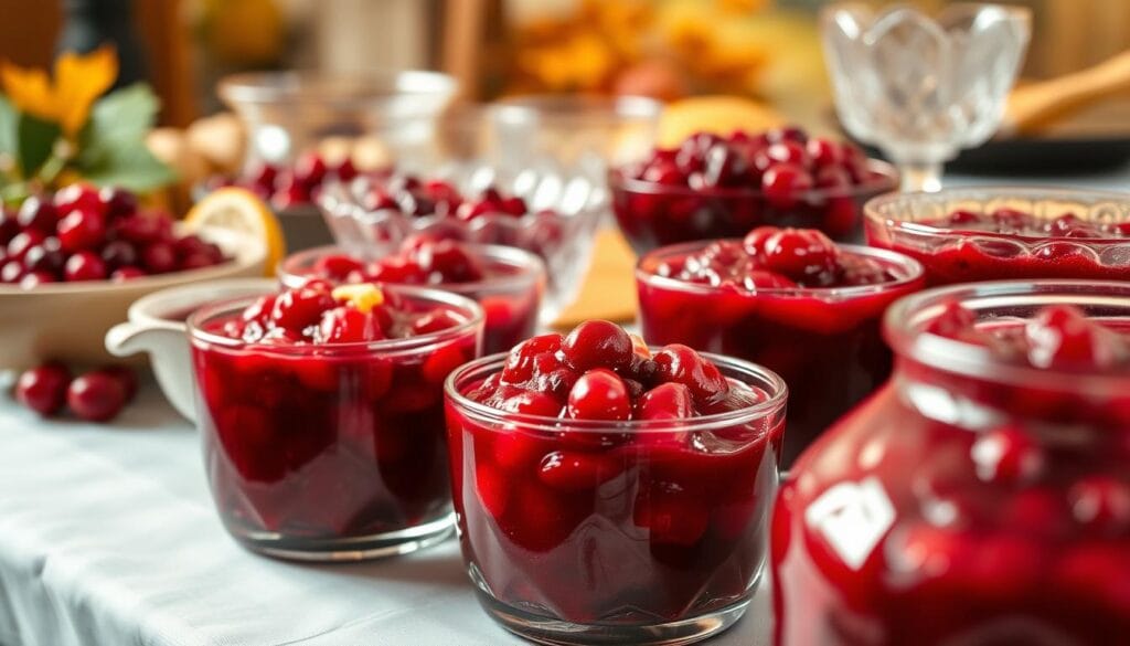 A bountiful arrangement of cranberry sauce variations, meticulously crafted to delight the senses. In the foreground, an array of vibrant crimson sauces, each with its own unique flair - some studded with plump berries, others infused with citrus zest or hints of warming spices. The middle ground showcases a variety of serving vessels, from rustic earthenware to elegant crystal, complementing the rich hues of the sauces. In the background, a softly blurred autumnal scene, hinting at the cozy ambiance of a Thanksgiving feast. Warm, mellow lighting casts a gentle glow, accentuating the depth and complexity of these homemade culinary delights. A bountiful arrangement of cranberry sauce variations, meticulously crafted to delight the senses. In the foreground, an array of vibrant crimson sauces, each with its own unique flair - some studded with plump berries, others infused with citrus zest or hints of warming spices. The middle ground showcases a variety of serving vessels, from rustic earthenware to elegant crystal, complementing the rich hues of the sauces. In the background, a softly blurred autumnal scene, hinting at the cozy ambiance of a Thanksgiving feast. Warm, mellow lighting casts a gentle glow, accentuating the depth and complexity of these homemade culinary delights.