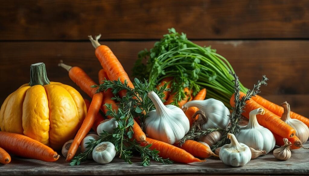 A bountiful arrangement of fresh butternut squash, vibrant carrots, aromatic onions, fragrant garlic, and earthy thyme against a rustic wooden backdrop. The produce is illuminated by soft, warm lighting, casting gentle shadows that accentuate their natural textures and colors. The scene exudes a sense of autumn abundance and culinary potential, inviting the viewer to imagine the comforting, creamy soup that could be crafted from these essential ingredients. A bountiful arrangement of fresh butternut squash, vibrant carrots, aromatic onions, fragrant garlic, and earthy thyme against a rustic wooden backdrop. The produce is illuminated by soft, warm lighting, casting gentle shadows that accentuate their natural textures and colors. The scene exudes a sense of autumn abundance and culinary potential, inviting the viewer to imagine the comforting, creamy soup that could be crafted from these essential ingredients.