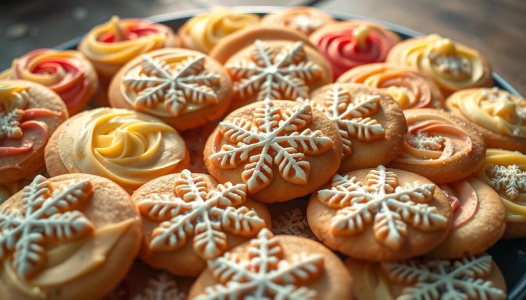 A bountiful arrangement of freshly baked sugar cookies, their golden-brown surfaces adorned with vibrant swirls of creamy frosting. Delicate snowflake shapes, adorned with shimmering sanding sugar crystals, scatter across the platter, casting a warm, festive glow. Soft natural lighting accentuates the delicate textures, creating a cozy, inviting ambiance. In the background, a rustic wooden surface provides a harmonious backdrop, hinting at the homemade charm of these delectable holiday treats. The overall scene evokes a sense of nostalgic comfort and the joy of the Christmas season.