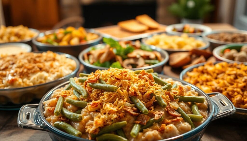 A bountiful array of savory green bean casserole variations set against a warm, inviting backdrop. In the foreground, a creamy, simmering casserole with tender green beans, crispy fried onions, and a golden, bubbly top. Surrounding it, a selection of creative interpretations - perhaps a vegetarian version with roasted mushrooms, or a spicy twist with jalapeños and Cajun seasoning. The middle ground is filled with complementary side dishes like roasted potatoes, buttery garlic bread, and a vibrant salad. Warm, soft lighting casts a cozy glow, evoking the comforting atmosphere of a family gathering. The overall scene captures the spirit of cherished holiday traditions and homemade goodness.