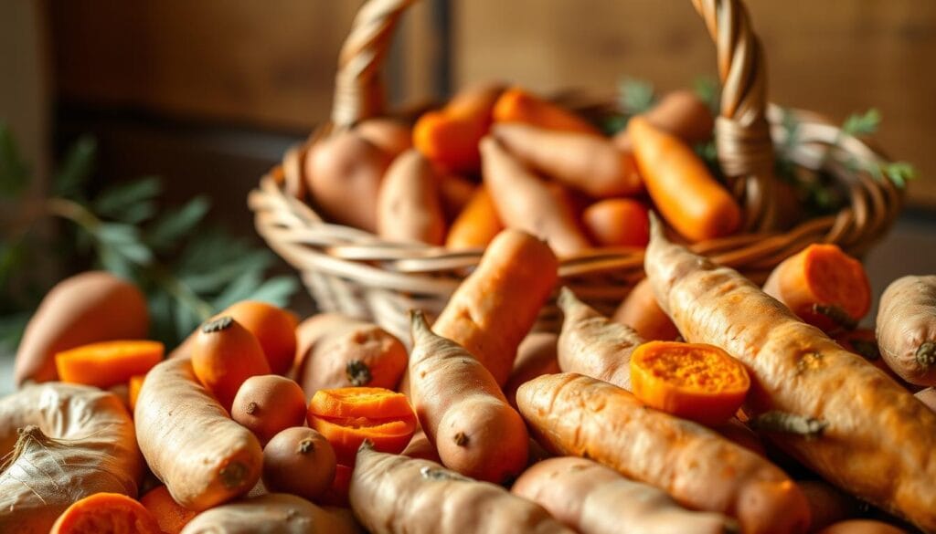 A bountiful selection of vibrant sweet potatoes, their rich orange hues accentuated by soft, diffused natural lighting. The foreground features an artful arrangement of various sizes and shapes, inviting the viewer to imagine the comforting flavors and textures of a classic Thanksgiving sweet potato casserole. In the middle ground, a woven wicker basket overflows with additional sweet potato specimens, while the background subtly blurs into a warm, earthy tone, creating a sense of rustic elegance. The overall scene evokes the cozy, nostalgic atmosphere of a family gathering, ready to savor the timeless flavors of the holiday season. A bountiful selection of vibrant sweet potatoes, their rich orange hues accentuated by soft, diffused natural lighting. The foreground features an artful arrangement of various sizes and shapes, inviting the viewer to imagine the comforting flavors and textures of a classic Thanksgiving sweet potato casserole. In the middle ground, a woven wicker basket overflows with additional sweet potato specimens, while the background subtly blurs into a warm, earthy tone, creating a sense of rustic elegance. The overall scene evokes the cozy, nostalgic atmosphere of a family gathering, ready to savor the timeless flavors of the holiday season.