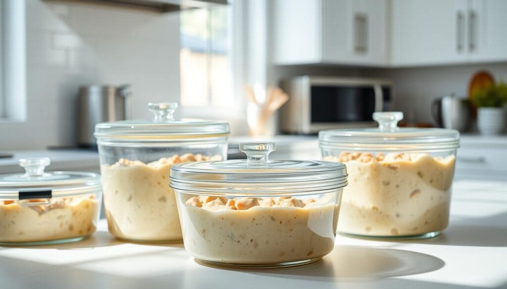 A bright, airy kitchen counter showcases a set of glass storage containers filled with creamy, aromatic white chicken chili. The containers are positioned with care, their lids sealed tight to preserve the flavorful stew. Soft natural lighting from a nearby window bathes the scene, casting gentle shadows and highlighting the chili's inviting hue. In the background, a neutral-toned backsplash and minimalist kitchen appliances create a clean, uncluttered atmosphere, allowing the chili and its storage vessels to take center stage. The overall composition conveys a sense of culinary organization and thoughtful food preparation, perfectly suited to illustrate the "Storage and Reheating Tips" section of the article.