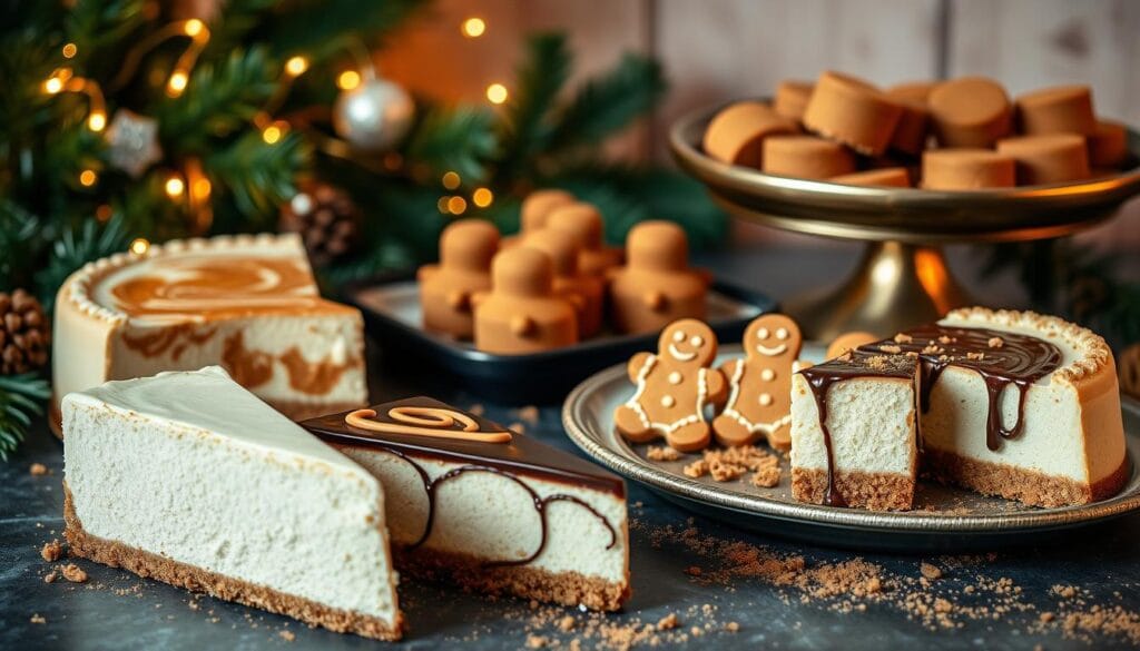 A carefully arranged spread of mouthwatering gingerbread cheesecake variations against a warm, cozy backdrop. In the foreground, a trio of slices showcasing different textures and flavors - a classic creamy original, a swirled pumpkin-spice infused creation, and a decadent chocolate-drizzled delight. In the middle ground, a tray of mini cheesecake bites in the shape of gingerbread men, their crisp exteriors concealing a rich, velvety interior. The background features a festive setting of holiday greenery, twinkling lights, and a vintage brass serving platter holding an assortment of gingerbread crumbs, crushed gingersnaps, and sprinkling of cinnamon. Soft, indirect lighting casts a warm glow, highlighting the intricate details and inviting the viewer to indulge in these irresistible gingerbread cheesecake variations. A carefully arranged spread of mouthwatering gingerbread cheesecake variations against a warm, cozy backdrop. In the foreground, a trio of slices showcasing different textures and flavors - a classic creamy original, a swirled pumpkin-spice infused creation, and a decadent chocolate-drizzled delight. In the middle ground, a tray of mini cheesecake bites in the shape of gingerbread men, their crisp exteriors concealing a rich, velvety interior. The background features a festive setting of holiday greenery, twinkling lights, and a vintage brass serving platter holding an assortment of gingerbread crumbs, crushed gingersnaps, and sprinkling of cinnamon. Soft, indirect lighting casts a warm glow, highlighting the intricate details and inviting the viewer to indulge in these irresistible gingerbread cheesecake variations.