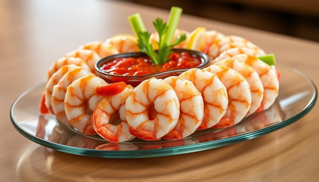 A chic shrimp cocktail presentation on a sleek glass platter, adorned with fresh lemon slices, crisp celery sticks, and a vibrant cocktail sauce. The shrimp are arranged in a visually striking spiral pattern, their tails elegantly curled. Soft, even lighting casts a warm glow, highlighting the succulent, juicy texture of the shrimp. The overall composition exudes sophistication and refinement, perfect for an upscale dinner party or a special occasion. Captured with a high-quality macro lens, the image showcases the intricate details and the natural beauty of this classic, yet elevated shrimp cocktail. A chic shrimp cocktail presentation on a sleek glass platter, adorned with fresh lemon slices, crisp celery sticks, and a vibrant cocktail sauce. The shrimp are arranged in a visually striking spiral pattern, their tails elegantly curled. Soft, even lighting casts a warm glow, highlighting the succulent, juicy texture of the shrimp. The overall composition exudes sophistication and refinement, perfect for an upscale dinner party or a special occasion. Captured with a high-quality macro lens, the image showcases the intricate details and the natural beauty of this classic, yet elevated shrimp cocktail.