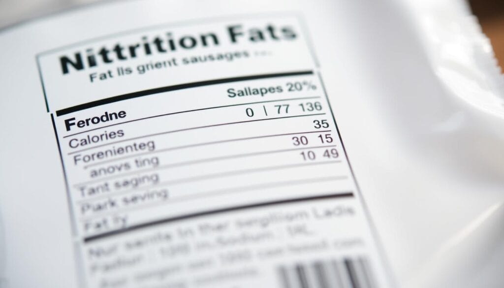 A close-up, high-resolution photograph of a nutritional information label for Little Smokies sausages, shot in natural daylight with a shallow depth of field. The label is centered in the frame, filling the majority of the image, with a clean white background. The text on the label is clear and legible, displaying the detailed nutritional facts, including calories, fat, sodium, and other key values. The image has a realistic, documentary-style aesthetic, capturing the subject matter with precision and accuracy to serve as an informative visual reference. A close-up, high-resolution photograph of a nutritional information label for Little Smokies sausages, shot in natural daylight with a shallow depth of field. The label is centered in the frame, filling the majority of the image, with a clean white background. The text on the label is clear and legible, displaying the detailed nutritional facts, including calories, fat, sodium, and other key values. The image has a realistic, documentary-style aesthetic, capturing the subject matter with precision and accuracy to serve as an informative visual reference.