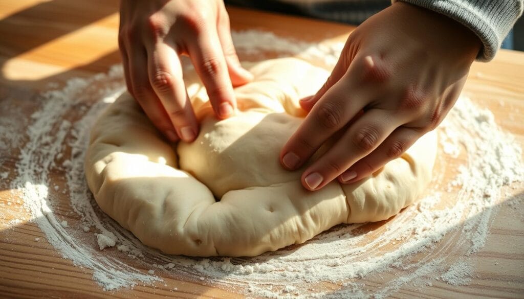 A close-up shot of a person's hands kneading soft, pliable dinner roll dough on a lightly floured wooden surface. The dough has a smooth, elastic texture and light golden hue, with small air pockets visible. Bright natural light illuminates the scene, casting gentle shadows and highlighting the tactile process. The frame is tightly composed, emphasizing the delicate, rhythmic motion of the kneading. A sense of warmth, comfort, and culinary mastery permeates the image. A close-up shot of a person's hands kneading soft, pliable dinner roll dough on a lightly floured wooden surface. The dough has a smooth, elastic texture and light golden hue, with small air pockets visible. Bright natural light illuminates the scene, casting gentle shadows and highlighting the tactile process. The frame is tightly composed, emphasizing the delicate, rhythmic motion of the kneading. A sense of warmth, comfort, and culinary mastery permeates the image.