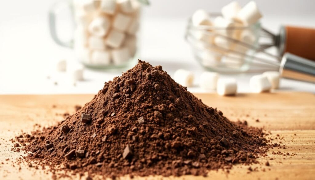 A close-up shot of a wooden surface with a pile of rich, dark cocoa powder in the center. The powder is scattered with a few chocolate shavings and a light dusting of cinnamon. In the background, a glass jar filled with mini marshmallows and a metal whisk sit on a white background, creating a cozy, homemade atmosphere. The lighting is soft and warm, highlighting the textures and colors of the ingredients. The camera is positioned at a slight angle, giving the viewer an intimate perspective on the scene.