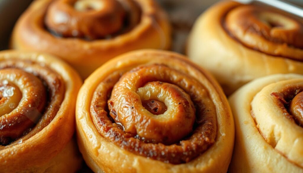 A close-up shot of freshly baked cinnamon rolls, their fluffy dough glistening with a golden brown exterior. Swirls of cinnamon sugar and butter peek through the soft, pillowy texture. Wisps of steam rise from the rolls, hinting at the warmth and gooey center within. The lighting is soft and diffused, casting a comforting, inviting glow. The camera angle is slightly elevated, allowing the viewer to appreciate the intricate layering and delicate strands of dough. The background is blurred, keeping the focus solely on the enticing cinnamon rolls and their tantalizing baking techniques. A close-up shot of freshly baked cinnamon rolls, their fluffy dough glistening with a golden brown exterior. Swirls of cinnamon sugar and butter peek through the soft, pillowy texture. Wisps of steam rise from the rolls, hinting at the warmth and gooey center within. The lighting is soft and diffused, casting a comforting, inviting glow. The camera angle is slightly elevated, allowing the viewer to appreciate the intricate layering and delicate strands of dough. The background is blurred, keeping the focus solely on the enticing cinnamon rolls and their tantalizing baking techniques.