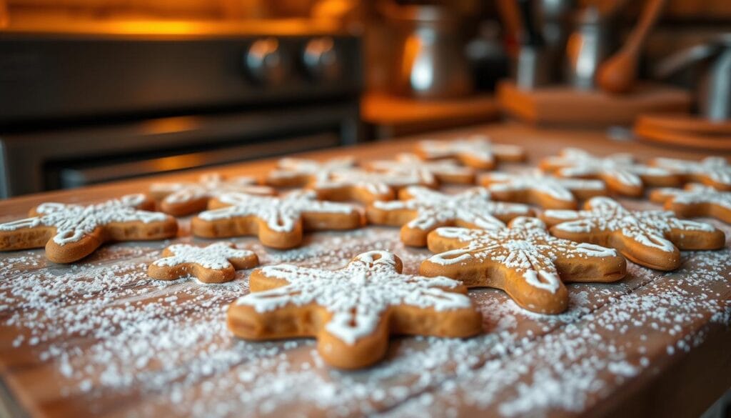 A close-up shot of freshly baked gingerbread cookies on a rustic wooden baking sheet, with a warm, amber-toned lighting that casts a cozy glow. The cookies are perfectly shaped, adorned with delicate patterns and dusted with a light coating of powdered sugar. In the background, a glimpse of a vintage oven and kitchen utensils, hinting at the process of creating these delightful treats. The overall scene evokes a sense of homey, holiday cheer, perfect for illustrating common mistakes to avoid when baking gingerbread cookies.