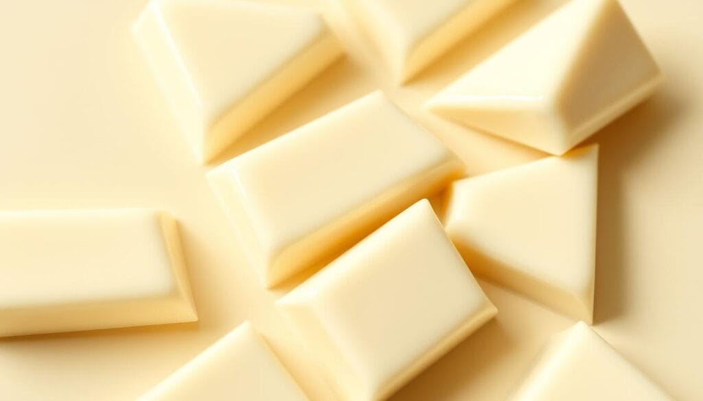 A close-up shot of freshly tempered white chocolate, gleaming with a smooth satin finish. The chocolate is arranged in a clean, minimalist composition, with sharp angles and clean lines that evoke a sense of precision. The lighting is soft and diffused, creating gentle shadows that highlight the texture and depth of the chocolate. The background is a simple, neutral tone that allows the white chocolate to take center stage. The overall mood is one of simplicity, elegance, and a focus on the inherent beauty of the chocolate itself. A close-up shot of freshly tempered white chocolate, gleaming with a smooth satin finish. The chocolate is arranged in a clean, minimalist composition, with sharp angles and clean lines that evoke a sense of precision. The lighting is soft and diffused, creating gentle shadows that highlight the texture and depth of the chocolate. The background is a simple, neutral tone that allows the white chocolate to take center stage. The overall mood is one of simplicity, elegance, and a focus on the inherent beauty of the chocolate itself.