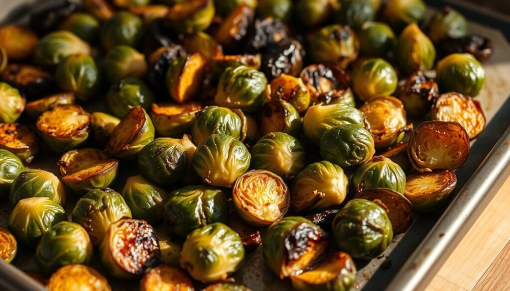 A close-up shot of roasted brussels sprouts on a baking sheet, fresh out of the oven. The sprouts have a beautiful caramelized exterior, with a slight char on the edges, and a tender, juicy interior. Soft, natural lighting bathes the scene, creating warm, golden hues. The baking sheet is placed on a wooden surface, with a clean, minimalist background to draw the viewer's focus to the delectable sprouts. The angle captures the texture and visual appeal of the perfectly roasted brussels sprouts, showcasing the optimal temperature and cooking time for this recipe. A close-up shot of roasted brussels sprouts on a baking sheet, fresh out of the oven. The sprouts have a beautiful caramelized exterior, with a slight char on the edges, and a tender, juicy interior. Soft, natural lighting bathes the scene, creating warm, golden hues. The baking sheet is placed on a wooden surface, with a clean, minimalist background to draw the viewer's focus to the delectable sprouts. The angle captures the texture and visual appeal of the perfectly roasted brussels sprouts, showcasing the optimal temperature and cooking time for this recipe.
