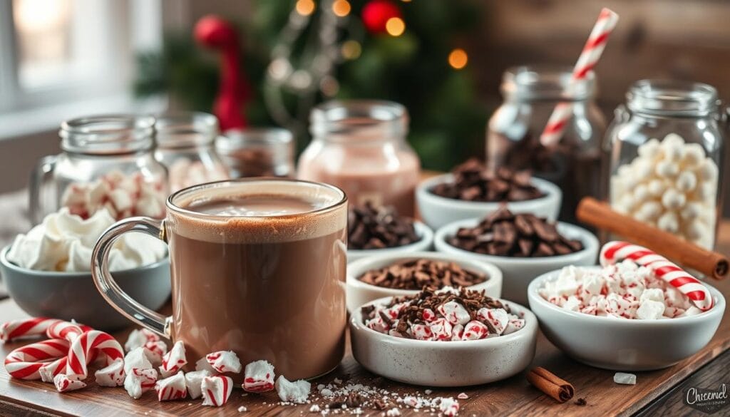 A cozy, close-up still life showcasing an assortment of peppermint hot chocolate add-ins. In the foreground, a mug of steaming hot chocolate is surrounded by festive accoutrements: fluffy whipped cream, crumbled peppermint candy canes, rich chocolate shavings, a sprinkle of crushed candy canes, and a cinnamon stick. The middle ground features an array of glass jars and ceramic dishes holding the various toppings, set against a backdrop of a rustic wooden tabletop. Soft, warm lighting casts a holiday glow, while a subtly blurred, cozy interior setting provides an inviting, comforting ambiance. A cozy, close-up still life showcasing an assortment of peppermint hot chocolate add-ins. In the foreground, a mug of steaming hot chocolate is surrounded by festive accoutrements: fluffy whipped cream, crumbled peppermint candy canes, rich chocolate shavings, a sprinkle of crushed candy canes, and a cinnamon stick. The middle ground features an array of glass jars and ceramic dishes holding the various toppings, set against a backdrop of a rustic wooden tabletop. Soft, warm lighting casts a holiday glow, while a subtly blurred, cozy interior setting provides an inviting, comforting ambiance.