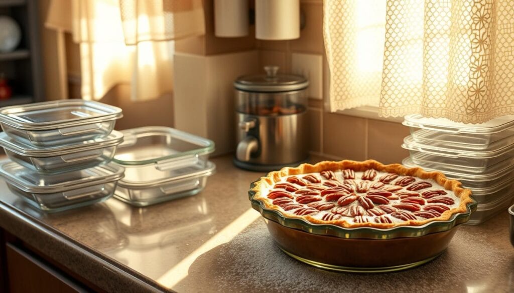 A cozy kitchen counter, bathed in warm afternoon light filtering through lace curtains. A glass pie dish, filled with a rich, golden-brown pecan pie, sits invitingly, its surface glistening with a light dusting of powdered sugar. Nearby, a small stack of clean glass food storage containers, ready to hold any leftover slices. The scene exudes a sense of comforting domesticity, hinting at the satisfying flavors and textures waiting to be savored. A cozy kitchen counter, bathed in warm afternoon light filtering through lace curtains. A glass pie dish, filled with a rich, golden-brown pecan pie, sits invitingly, its surface glistening with a light dusting of powdered sugar. Nearby, a small stack of clean glass food storage containers, ready to hold any leftover slices. The scene exudes a sense of comforting domesticity, hinting at the satisfying flavors and textures waiting to be savored.