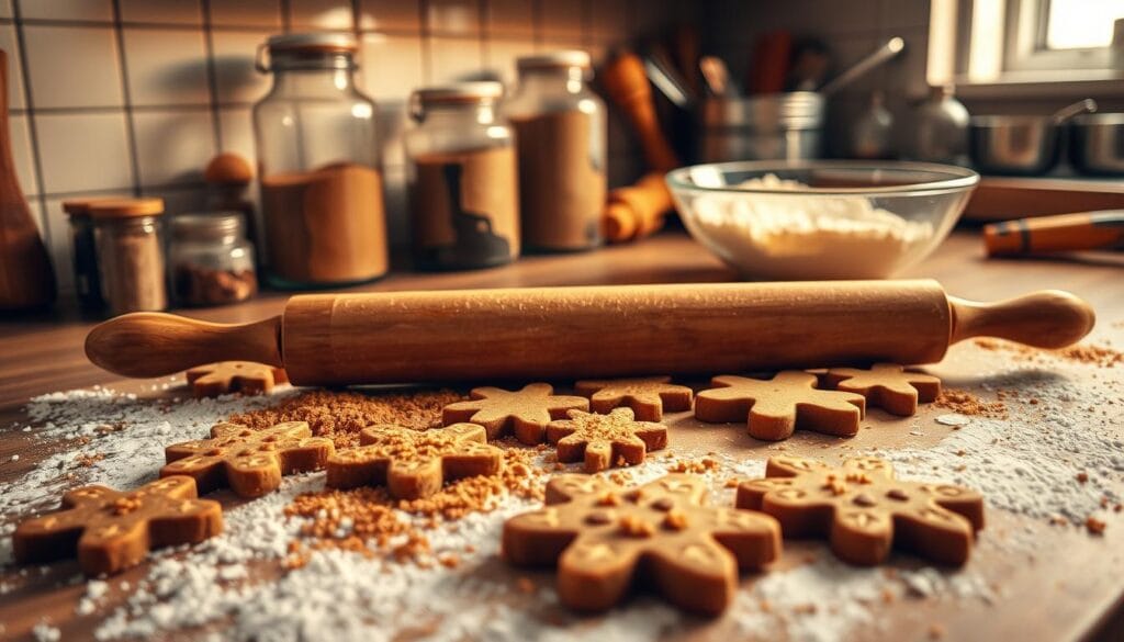 A cozy kitchen counter, dusted with flour, sets the scene for the preparation of delightful gingerbread cookies. In the foreground, a rolling pin glides across the dough, shaping it into intricate shapes and patterns. Sprinkled with a layer of brown sugar, the cookies wait patiently to be cut into festive holiday forms. Overhead, warm, soft lighting casts a golden glow, creating a welcoming atmosphere. In the background, jars of spices and a mixing bowl stand ready, hinting at the aromatic blend of ginger, cinnamon, and molasses that will infuse the cookies with their signature flavor. The overall mood is one of festive anticipation, inviting the viewer to imagine the delicious scent and the satisfying crunch of these homemade holiday treats.