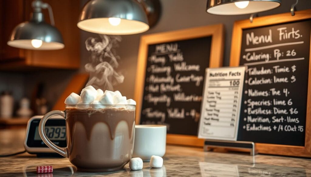 A cozy kitchen counter, softly lit by warm overhead lamps, showcases a steaming mug of rich homemade hot chocolate, dotted with fluffy marshmallows. Beside it, a digital kitchen timer ticks away, alongside a nutritional label displaying the beverage's caloric and nutrient content. In the background, a chalkboard menu board provides a quick at-a-glance summary of the recipe's timing, yields, and nutritional breakdown. The scene exudes a sense of comfort, quality, and attention to detail, perfectly complementing the article's focus on the "Timing, Yields, and Nutrition at a Glance" for this indulgent hot chocolate treat.