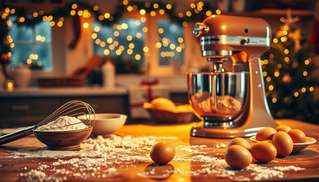 A cozy kitchen scene bathed in warm, golden light. In the foreground, a wooden table laden with an array of Christmas breakfast baking essentials - a sprinkling of flour, a whisk, a mixing bowl, and a plate of fresh eggs. In the middle ground, a vintage-inspired stand mixer whirring to life, kneading dough for freshly baked breads or pastries. The background showcases a festive holiday scene, with twinkling lights, garlands, and the faint silhouette of a Christmas tree. The overall atmosphere is one of homey, comforting holiday cheer, capturing the essence of the "Baking Techniques for the Best Results" section of the "Holiday Eggnog French Toast Bake" article. A cozy kitchen scene bathed in warm, golden light. In the foreground, a wooden table laden with an array of Christmas breakfast baking essentials - a sprinkling of flour, a whisk, a mixing bowl, and a plate of fresh eggs. In the middle ground, a vintage-inspired stand mixer whirring to life, kneading dough for freshly baked breads or pastries. The background showcases a festive holiday scene, with twinkling lights, garlands, and the faint silhouette of a Christmas tree. The overall atmosphere is one of homey, comforting holiday cheer, capturing the essence of the "Baking Techniques for the Best Results" section of the "Holiday Eggnog French Toast Bake" article.