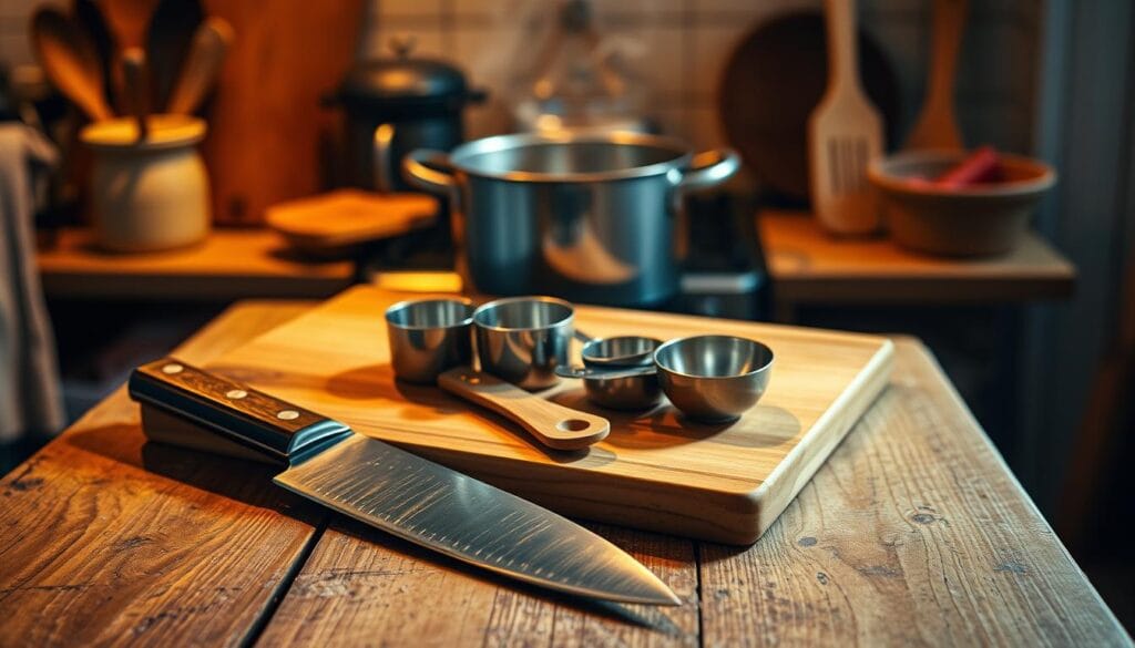 A cozy kitchen scene bathed in warm, soft lighting. On a rustic wooden table, an array of essential cooking tools: a gleaming chef's knife, a sturdy cutting board, a set of stainless steel measuring cups and spoons, a wooden spoon, and a large soup ladle. In the background, a simmering pot emanates inviting aromas. The atmosphere is one of comfort, simplicity, and culinary focus, conveying the tools needed to create nourishing, homemade meals. A cozy kitchen scene bathed in warm, soft lighting. On a rustic wooden table, an array of essential cooking tools: a gleaming chef's knife, a sturdy cutting board, a set of stainless steel measuring cups and spoons, a wooden spoon, and a large soup ladle. In the background, a simmering pot emanates inviting aromas. The atmosphere is one of comfort, simplicity, and culinary focus, conveying the tools needed to create nourishing, homemade meals.