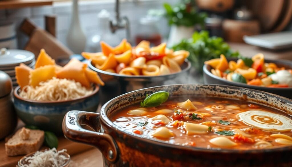 A cozy kitchen scene featuring an assortment of creative lasagna soup variations, captured with a warm, soft focus lens. In the foreground, a large, rustic pot simmers with a thick, savory broth, surrounded by an array of garnishes and toppings - freshly grated parmesan, crisp croutons, vibrant basil leaves, and swirls of creamy ricotta. In the middle ground, various pasta shapes, from classic lasagna noodles to hearty shells and spirals, mingle with sautéed vegetables and fragrant herbs. The background is softly lit, hinting at the inviting aroma of the soup and the comfort of a homey, well-stocked kitchen. The overall atmosphere is one of culinary delight and the joy of experimenting with classic flavors. A cozy kitchen scene featuring an assortment of creative lasagna soup variations, captured with a warm, soft focus lens. In the foreground, a large, rustic pot simmers with a thick, savory broth, surrounded by an array of garnishes and toppings - freshly grated parmesan, crisp croutons, vibrant basil leaves, and swirls of creamy ricotta. In the middle ground, various pasta shapes, from classic lasagna noodles to hearty shells and spirals, mingle with sautéed vegetables and fragrant herbs. The background is softly lit, hinting at the inviting aroma of the soup and the comfort of a homey, well-stocked kitchen. The overall atmosphere is one of culinary delight and the joy of experimenting with classic flavors.