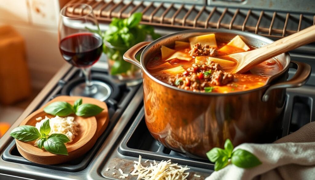 A cozy kitchen scene of a stovetop cooking process for savory lasagna soup. In the foreground, a large pot simmers with a rich tomato-based broth, aromatic herbs, and tender ground beef. Sliced lasagna noodles float atop the bubbling liquid. Beside the pot, a wooden spoon gently stirs the mixture. In the middle ground, fresh basil leaves, shredded cheese, and a glass of red wine set the stage for the hearty, homemade dish. The background features an old-fashioned stove with cast-iron grates, its aged metal evoking a sense of rustic, comfort-food preparation. Warm, natural lighting casts a soft glow over the scene, creating an inviting and cozy atmosphere. A cozy kitchen scene of a stovetop cooking process for savory lasagna soup. In the foreground, a large pot simmers with a rich tomato-based broth, aromatic herbs, and tender ground beef. Sliced lasagna noodles float atop the bubbling liquid. Beside the pot, a wooden spoon gently stirs the mixture. In the middle ground, fresh basil leaves, shredded cheese, and a glass of red wine set the stage for the hearty, homemade dish. The background features an old-fashioned stove with cast-iron grates, its aged metal evoking a sense of rustic, comfort-food preparation. Warm, natural lighting casts a soft glow over the scene, creating an inviting and cozy atmosphere.