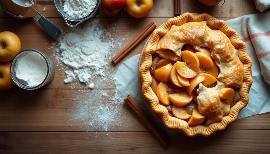 A cozy kitchen scene with a freshly baked apple pie on a wooden table, surrounded by a few cooking utensils and ingredients like flour, cinnamon, and apples. The pie has a golden-brown flaky crust and a filling oozing with warm, caramelized apple slices. Soft, diffused lighting creates a homey, inviting atmosphere. The camera angle is slightly elevated, capturing the scene from an overhead perspective to showcase the various elements. The overall mood is one of domestic comfort and the anticipation of a delicious, comforting dessert. A cozy kitchen scene with a freshly baked apple pie on a wooden table, surrounded by a few cooking utensils and ingredients like flour, cinnamon, and apples. The pie has a golden-brown flaky crust and a filling oozing with warm, caramelized apple slices. Soft, diffused lighting creates a homey, inviting atmosphere. The camera angle is slightly elevated, capturing the scene from an overhead perspective to showcase the various elements. The overall mood is one of domestic comfort and the anticipation of a delicious, comforting dessert.