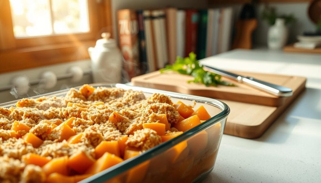 A cozy kitchen setting, with warm, natural lighting pouring in through a window. In the foreground, a casserole dish filled with layers of golden-brown sweet potato chunks, topped with a crunchy, buttery breadcrumb crust. Wisps of steam rise from the dish, hinting at the delectable aroma. In the middle ground, a wooden cutting board with a sharp knife and fresh herbs, ready to garnish the final dish. The background features a few cookbooks and utensils, suggesting a well-stocked and experienced kitchen. The overall atmosphere is one of homey comfort and culinary expertise, inviting the viewer to imagine the satisfying flavors and textures of this classic sweet potato casserole. A cozy kitchen setting, with warm, natural lighting pouring in through a window. In the foreground, a casserole dish filled with layers of golden-brown sweet potato chunks, topped with a crunchy, buttery breadcrumb crust. Wisps of steam rise from the dish, hinting at the delectable aroma. In the middle ground, a wooden cutting board with a sharp knife and fresh herbs, ready to garnish the final dish. The background features a few cookbooks and utensils, suggesting a well-stocked and experienced kitchen. The overall atmosphere is one of homey comfort and culinary expertise, inviting the viewer to imagine the satisfying flavors and textures of this classic sweet potato casserole.