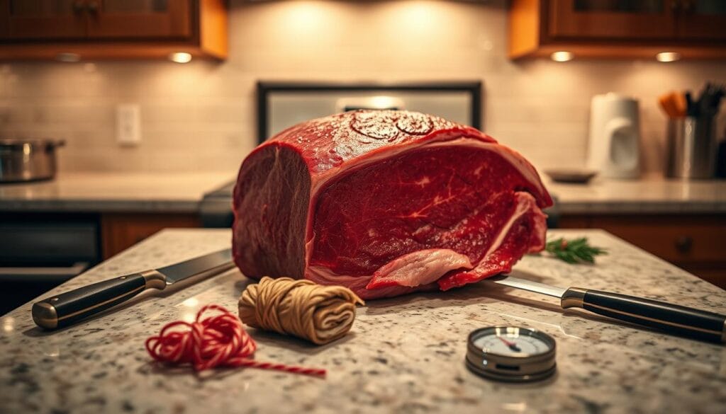 A cozy, well-lit kitchen countertop, bathed in warm, soft lighting. A large, perfectly trimmed prime rib roast rests in the center, its deep red hue and glistening exterior signaling its readiness for the oven. Neatly arranged around the roast are cooking tools: a sharp carving knife, kitchen twine, and a meat thermometer. The countertop is made of polished, light-colored granite, reflecting the ambient glow. The overall atmosphere is one of calm, focused preparation, setting the stage for a Christmas feast to come.