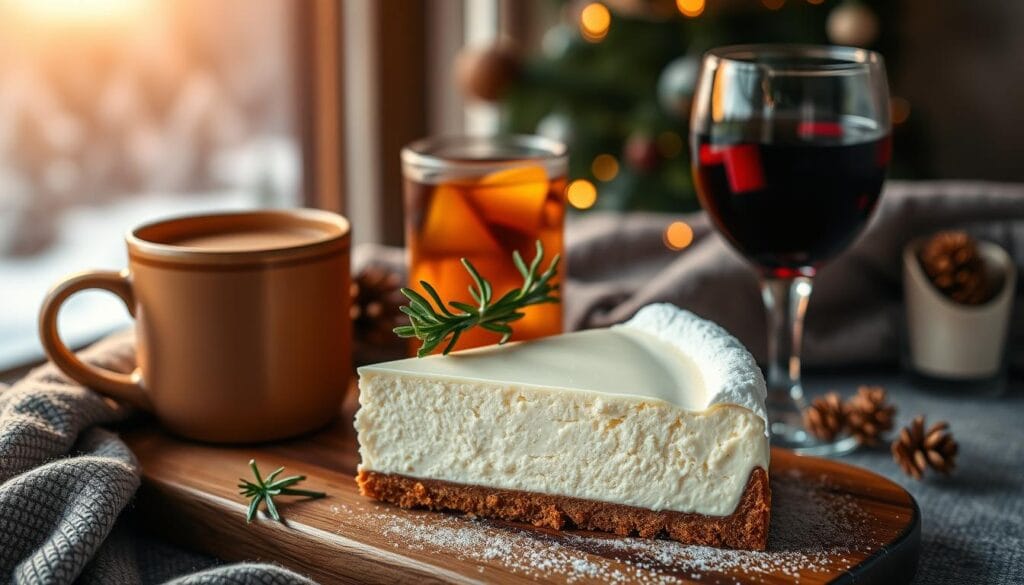A cozy winter scene featuring a steaming mug of gingerbread latte, a chilled glass of mulled wine, and an elegant slice of creamy white chocolate cheesecake, garnished with sprigs of rosemary and a dusting of powdered sugar. The scene is bathed in warm, golden lighting, creating a inviting and festive atmosphere. The cheesecake is the focal point, positioned in the foreground on a wooden serving tray, while the beverages are arranged artfully around it. The background features a softly blurred winter landscape, with a hint of snow-covered trees in the distance. The overall composition evokes the perfect pairing of a decadent holiday dessert with comforting, seasonal drinks. A cozy winter scene featuring a steaming mug of gingerbread latte, a chilled glass of mulled wine, and an elegant slice of creamy white chocolate cheesecake, garnished with sprigs of rosemary and a dusting of powdered sugar. The scene is bathed in warm, golden lighting, creating a inviting and festive atmosphere. The cheesecake is the focal point, positioned in the foreground on a wooden serving tray, while the beverages are arranged artfully around it. The background features a softly blurred winter landscape, with a hint of snow-covered trees in the distance. The overall composition evokes the perfect pairing of a decadent holiday dessert with comforting, seasonal drinks.