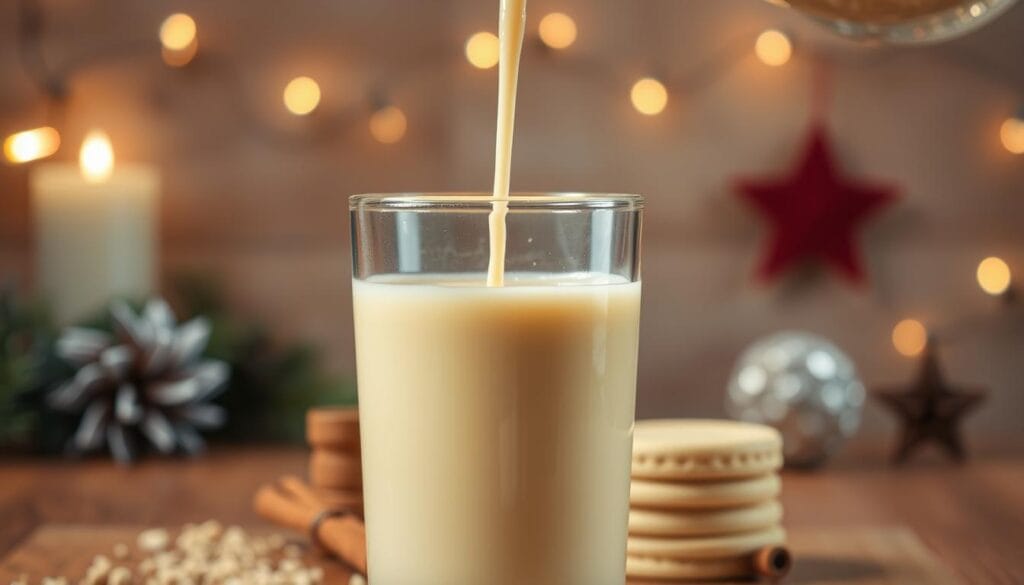 A creamy, rich glass of homemade eggnog set against a warm, festive backdrop. In the foreground, the eggnog is poured into a clear glass, its thick, golden hue glistening under soft, ambient lighting. The middle ground features a stack of freshly grated nutmeg and a cinnamon stick, adding a cozy, seasonal touch. In the background, a warm, wooden table is accented by twinkling string lights, creating a cozy, inviting atmosphere perfect for holiday indulgence. A creamy, rich glass of homemade eggnog set against a warm, festive backdrop. In the foreground, the eggnog is poured into a clear glass, its thick, golden hue glistening under soft, ambient lighting. The middle ground features a stack of freshly grated nutmeg and a cinnamon stick, adding a cozy, seasonal touch. In the background, a warm, wooden table is accented by twinkling string lights, creating a cozy, inviting atmosphere perfect for holiday indulgence.