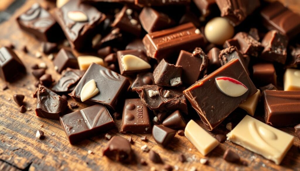 A delectable arrangement of premium chocolate pieces in various shapes and sizes, artfully scattered on a rustic wooden surface. The pieces glisten under soft, warm lighting, revealing their rich, glossy texture and deep, indulgent hues ranging from decadent dark to creamy milk chocolate. The composition is visually appealing, inviting the viewer to imagine the satisfying crunch and velvety melt of these chocolate delights. This image would beautifully complement the "Serving Ideas and Fun Ways to Use Your Bark" section, evoking the luxurious flavors and textures of homemade peppermint bark. A delectable arrangement of premium chocolate pieces in various shapes and sizes, artfully scattered on a rustic wooden surface. The pieces glisten under soft, warm lighting, revealing their rich, glossy texture and deep, indulgent hues ranging from decadent dark to creamy milk chocolate. The composition is visually appealing, inviting the viewer to imagine the satisfying crunch and velvety melt of these chocolate delights. This image would beautifully complement the "Serving Ideas and Fun Ways to Use Your Bark" section, evoking the luxurious flavors and textures of homemade peppermint bark.