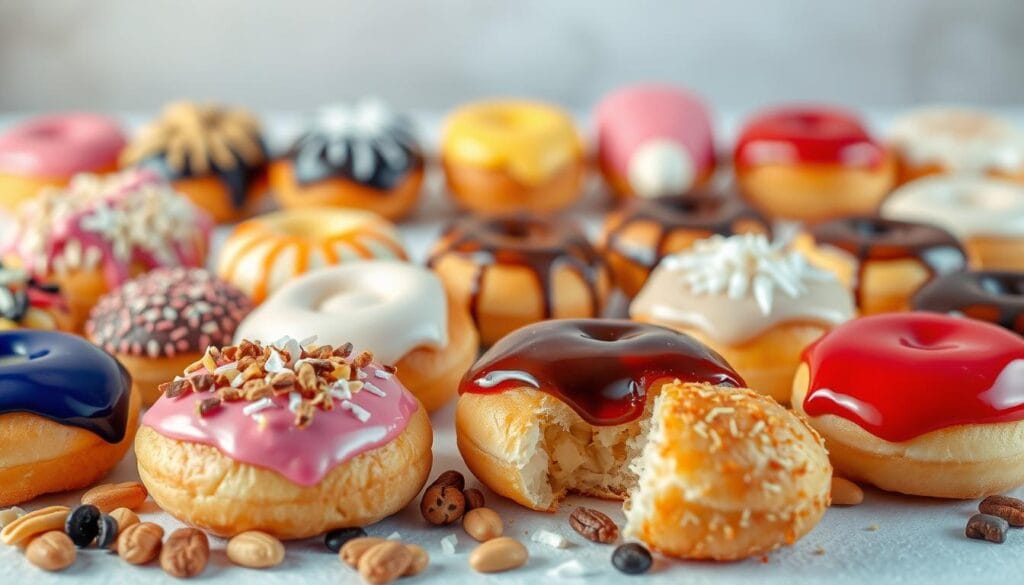 A delectable array of Sufganiyot toppings and glazes, meticulously crafted and artfully arranged against a softly-lit backdrop. In the foreground, a variety of vibrant, glossy glazes in flavors like raspberry, chocolate, and vanilla grace the fluffy, golden donuts. Scattered amidst the pastries, an assortment of candied nuts, sprinkles, and shredded coconut adds texture and visual interest. The middle ground showcases a selection of piped fillings, from creamy custard to decadent jams, each one a tempting addition to the traditional Hanukkah treat. Soft, even lighting casts a warm glow, creating an inviting, mouthwatering scene that captures the essence of these beloved holiday confections.