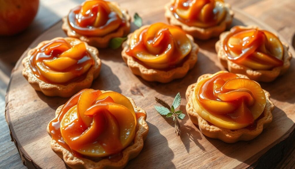 A delectable array of caramel-drizzled apple tarts in various shapes and sizes, artfully arranged on a rustic wooden board. The tarts feature flaky, golden crusts and glistening, caramelized apple slices, some with a hint of cinnamon. Warm lighting casts a cozy glow, casting shadows that accentuate the tarts' intricate details. The composition is balanced, with a touch of natural greenery to add a fresh, autumnal accent. The scene evokes the comforting aroma of baked apples and the indulgent flavors of a classic fall dessert. A delectable array of caramel-drizzled apple tarts in various shapes and sizes, artfully arranged on a rustic wooden board. The tarts feature flaky, golden crusts and glistening, caramelized apple slices, some with a hint of cinnamon. Warm lighting casts a cozy glow, casting shadows that accentuate the tarts' intricate details. The composition is balanced, with a touch of natural greenery to add a fresh, autumnal accent. The scene evokes the comforting aroma of baked apples and the indulgent flavors of a classic fall dessert.