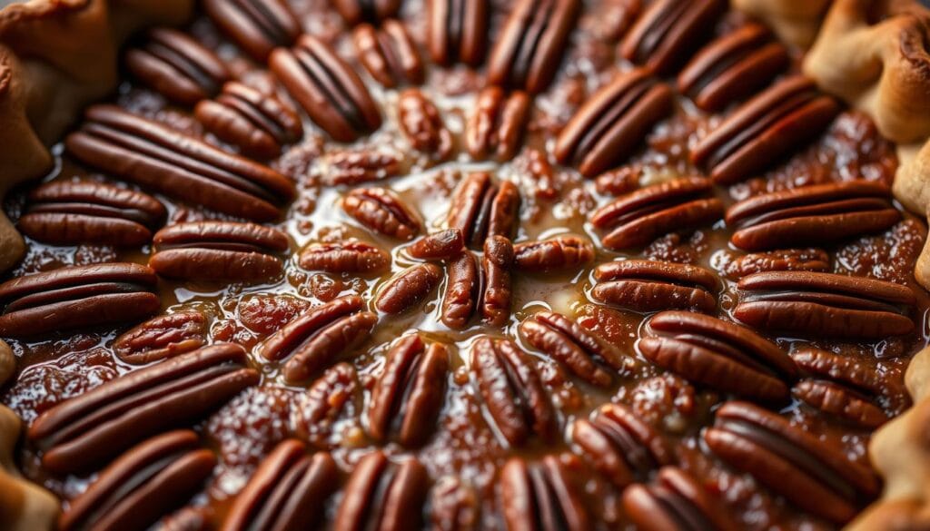 A delectable close-up of freshly baked pecan pie, showcasing a golden-brown crust and a glistening, caramelized surface. The pecans, perfectly arranged in a concentric pattern, are evenly distributed, their rich, nutty aroma filling the frame. Soft, mouthwatering filling oozes between the pecans, creating a tantalizing contrast of textures. Warm, directional lighting casts a cozy glow, highlighting the pie's depth and dimensionality. The image is captured at a slight angle, drawing the viewer's eye towards the center of the decadent dessert, inviting them to savor the artistry and craftsmanship of this Southern classic. A delectable close-up of freshly baked pecan pie, showcasing a golden-brown crust and a glistening, caramelized surface. The pecans, perfectly arranged in a concentric pattern, are evenly distributed, their rich, nutty aroma filling the frame. Soft, mouthwatering filling oozes between the pecans, creating a tantalizing contrast of textures. Warm, directional lighting casts a cozy glow, highlighting the pie's depth and dimensionality. The image is captured at a slight angle, drawing the viewer's eye towards the center of the decadent dessert, inviting them to savor the artistry and craftsmanship of this Southern classic.