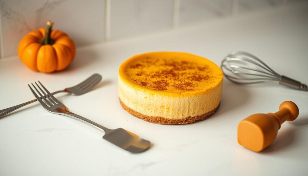 A delectable pumpkin cheesecake sits on a pristine white countertop, its creamy orange filling topped with a light dusting of cinnamon. Surrounding the cake, an array of common troubleshooting tools, including a fork, a spatula, and a small whisk, are arranged in an organized fashion, hinting at the process of perfecting this autumnal dessert. Soft, diffused lighting from above casts gentle shadows, emphasizing the textural details of the cake and its accompaniments. The scene is captured with a shallow depth of field, keeping the focus on the central pumpkin cheesecake and its potential fixes, while the background fades into a hazy, neutral tone, minimizing distractions. A delectable pumpkin cheesecake sits on a pristine white countertop, its creamy orange filling topped with a light dusting of cinnamon. Surrounding the cake, an array of common troubleshooting tools, including a fork, a spatula, and a small whisk, are arranged in an organized fashion, hinting at the process of perfecting this autumnal dessert. Soft, diffused lighting from above casts gentle shadows, emphasizing the textural details of the cake and its accompaniments. The scene is captured with a shallow depth of field, keeping the focus on the central pumpkin cheesecake and its potential fixes, while the background fades into a hazy, neutral tone, minimizing distractions.