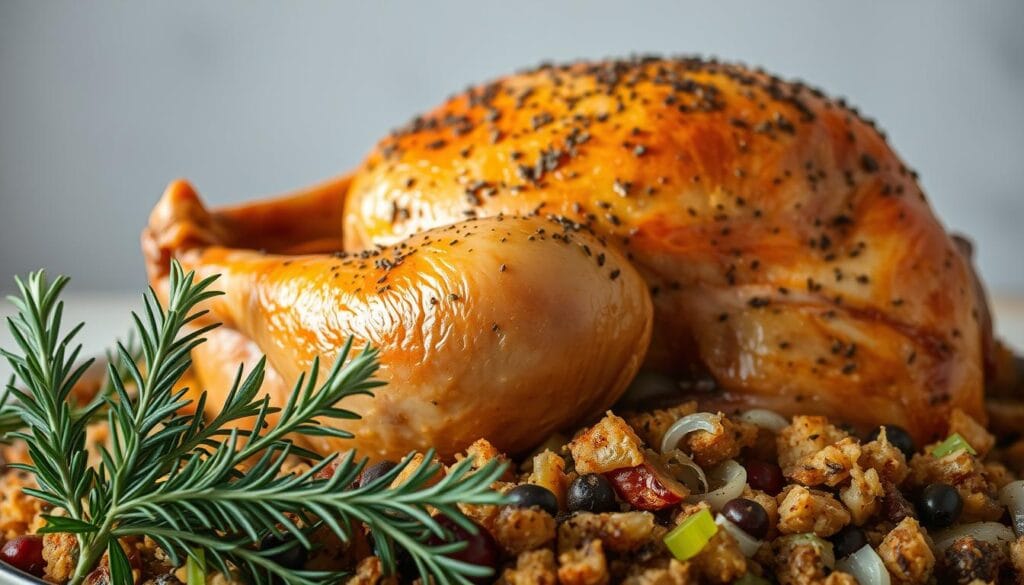 A delectable roast turkey seasoned with a fragrant blend of herbs and spices, nestled atop a bed of savory stuffing. The bird's golden-brown skin glistens under warm, soft lighting, inviting the viewer to imagine the tantalizing aroma. In the foreground, sprigs of fresh rosemary, sage, and thyme add vibrant pops of green, complementing the rich, earthy tones of the stuffing. The middle ground features a scattering of whole peppercorns, celery stalks, and onion slivers, hinting at the aromatic flavors infused throughout. In the background, a smooth, neutral backdrop allows the mouth-watering dish to take center stage, capturing the essence of a perfect holiday meal.
