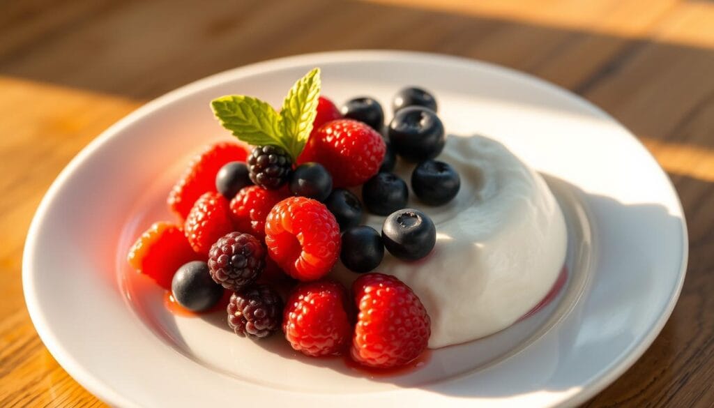 A delicate, creamy cottage cheese mousse, crowned with an artful arrangement of fresh, juicy berries in shades of crimson, indigo, and amber. The dessert is presented on a crisp white ceramic plate, bathed in warm, golden light that accentuates the silky texture and vibrant colors. Shadows cast by the berries create a sense of depth and dimension, inviting the viewer to savor the refreshing, guilt-free indulgence. The overall composition evokes a sense of elegance and natural simplicity, perfectly suited to illustrate the "Serving Suggestions for Cottage Cheese Mousse" section of the article.