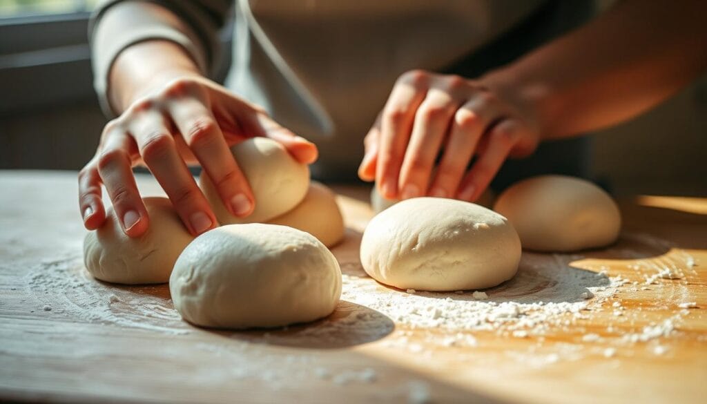 A detailed close-up view of a person's hands gently shaping and molding soft, pillowy dinner rolls on a lightly floured wooden surface. The rolls are round and evenly sized, with a smooth, taut exterior. Soft natural lighting from an overhead window casts a warm, inviting glow, highlighting the delicate textures and gentle movements. The composition emphasizes the skilled technique, with the hands in the foreground and the rolls as the central focus. The background is subtly blurred, keeping the attention on the rolling and shaping process. A detailed close-up view of a person's hands gently shaping and molding soft, pillowy dinner rolls on a lightly floured wooden surface. The rolls are round and evenly sized, with a smooth, taut exterior. Soft natural lighting from an overhead window casts a warm, inviting glow, highlighting the delicate textures and gentle movements. The composition emphasizes the skilled technique, with the hands in the foreground and the rolls as the central focus. The background is subtly blurred, keeping the attention on the rolling and shaping process.