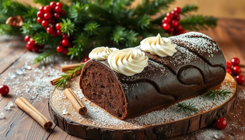 A festive Bûche de Noël cake on a rustic wooden table, surrounded by seasonal garnishes. The rich chocolate yule log is topped with swirls of creamy white frosting, dusted with powdered sugar to evoke freshly fallen snow. Sprigs of evergreen, cinnamon sticks, and glistening cranberries provide a natural, woodland-inspired backdrop. Soft, diffused lighting casts a warm, cozy glow over the scene, inviting the viewer to imagine serving this decadent dessert. The composition emphasizes the cake's elegant presentation, highlighting its visually appealing details to whet the appetite. A festive Bûche de Noël cake on a rustic wooden table, surrounded by seasonal garnishes. The rich chocolate yule log is topped with swirls of creamy white frosting, dusted with powdered sugar to evoke freshly fallen snow. Sprigs of evergreen, cinnamon sticks, and glistening cranberries provide a natural, woodland-inspired backdrop. Soft, diffused lighting casts a warm, cozy glow over the scene, inviting the viewer to imagine serving this decadent dessert. The composition emphasizes the cake's elegant presentation, highlighting its visually appealing details to whet the appetite.