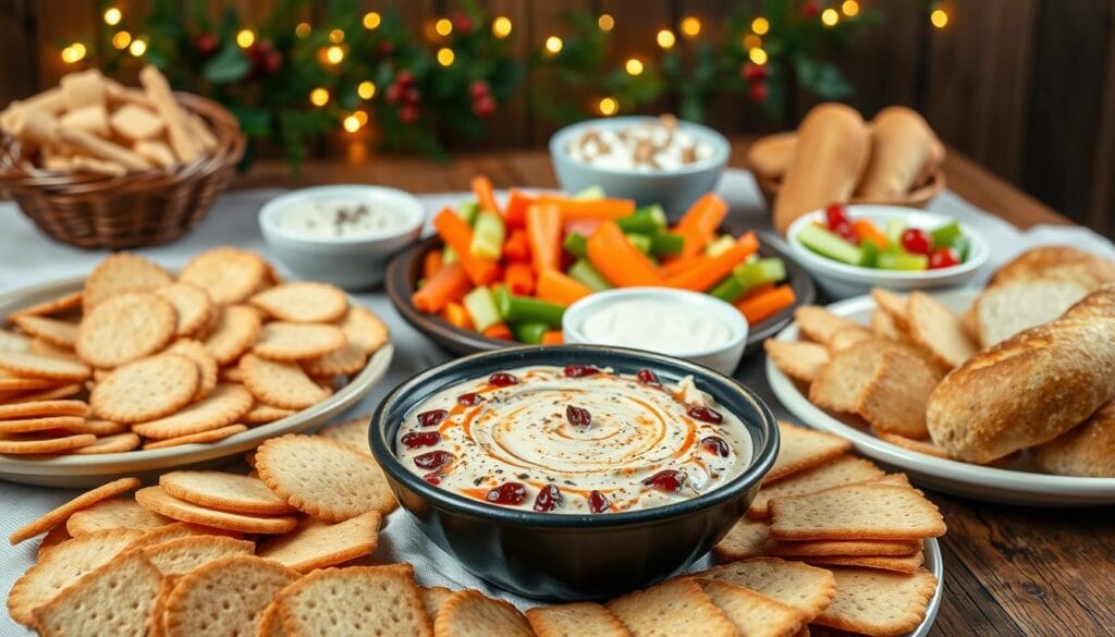 A festive table setting with various dip pairings laid out in an appetizing arrangement. In the foreground, a cranberry jalapeño dip is accompanied by an array of crackers, breadsticks, and sliced baguette. In the middle ground, an assortment of colorful vegetables such as carrot sticks, celery, and bell pepper slices. The background features a rustic wooden table with a linen tablecloth, holly sprigs, and twinkling fairy lights, creating a warm, cozy atmosphere. The lighting is soft and diffused, highlighting the inviting textures and flavors of the dip and its accompanying accoutrements.