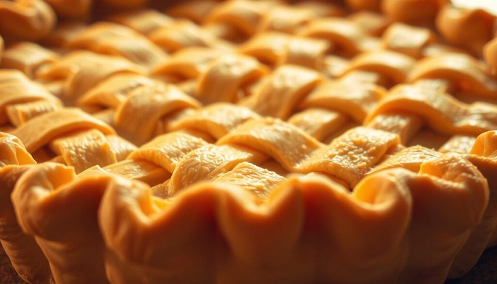 A golden, flaky pie crust that's crisp and buttery, with delicate, woven layers. Illuminated by warm, soft lighting that casts a gentle glow, casting shadows that accentuate the intricate texture. Captured from a low, close-up angle to showcase the fine details - the intricate pattern of the crust's crimped edges, the small peaks and valleys that give it dimension. The crust is the star, filling the frame and commanding attention, evoking the homemade, old-fashioned appeal of a classic apple pie. A golden, flaky pie crust that's crisp and buttery, with delicate, woven layers. Illuminated by warm, soft lighting that casts a gentle glow, casting shadows that accentuate the intricate texture. Captured from a low, close-up angle to showcase the fine details - the intricate pattern of the crust's crimped edges, the small peaks and valleys that give it dimension. The crust is the star, filling the frame and commanding attention, evoking the homemade, old-fashioned appeal of a classic apple pie.